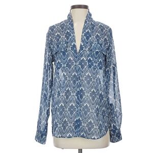 Alloy Apparel Womens Blue Paisley Damask Sheer V-Neck Blouse Size S Long Sleeve
